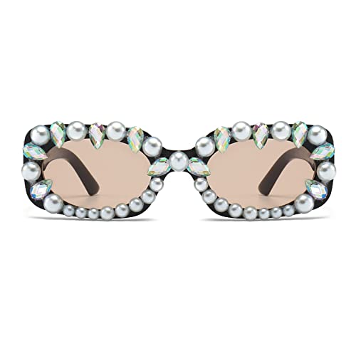 Long Keeper Retro Rechteckige Sonnenbrille Perlen und Strass für Herren Damen Mode Partybrille Fancy Festival Sonnenbrille Eckig Vintage UV Schutz, 52MM von Long Keeper