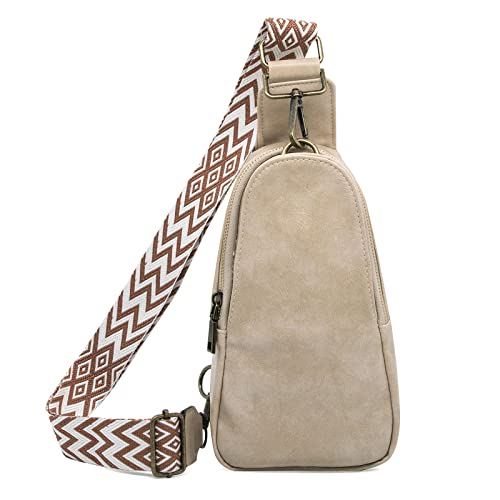 Long Keeper Sling Brusttasche für Frauen PU Leder Satchel Daypack Reisen Crossbody Tasche Mit Böhmen Verstellbarer Gurt, Beige von Long Keeper