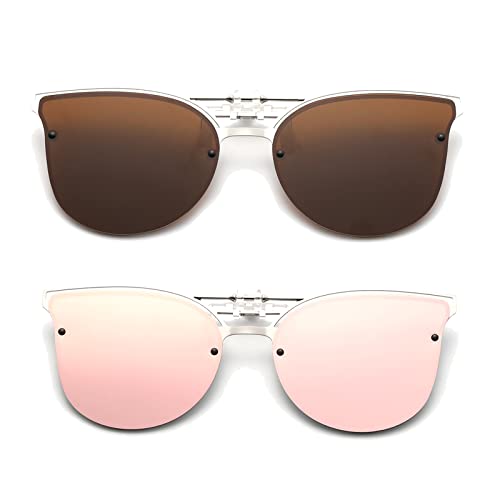 Long Keeper Sonnenbrillen Clip Polarisiert - Clip On Sonnenbrille für Brillenträger, Metall Katzenauge Sonnenbrillen Aufsatz Brille für Damen Herren von Long Keeper