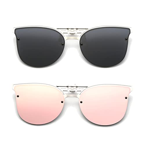 Long Keeper Sonnenbrillen Clip Polarisiert - Clip On Sonnenbrille für Brillenträger, Metall Katzenauge Sonnenbrillen Aufsatz Brille für Damen Herren von Long Keeper