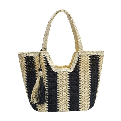 Long Keeper Stroh Strandtasche für Damen Sommer Gewebte Tragetaschen mit Reißverschluss Grosse Boho Stroh Umhängetasche für Reisen Urlaub Einkaufen Picknick (Schwarz) von Long Keeper