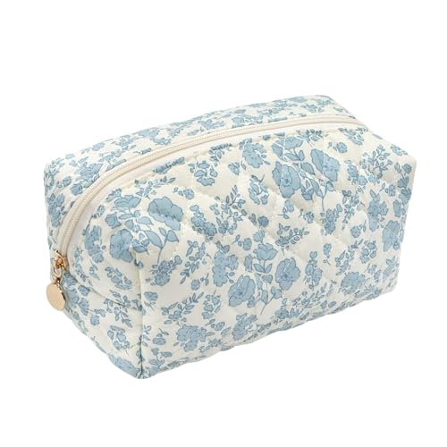 Long Keeper Tragbare Makeup Tasche Blumenmuster Baumwolle Kulturtasche Groß Kosmetiktasche für Reisen Handtasche Make Up Tasche Schminktasche für Damen Mädchen (Blaue Blumen) von Long Keeper