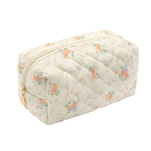 Long Keeper Tragbare Makeup Tasche Blumenmuster Baumwolle Kulturtasche Groß Kosmetiktasche für Reisen Handtasche Make Up Tasche Schminktasche für Damen Mädchen (Gelbe Blumen) von Long Keeper