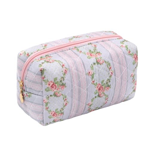 Long Keeper Tragbare Makeup Tasche Blumenmuster Baumwolle Kulturtasche Groß Kosmetiktasche für Reisen Handtasche Make Up Tasche Schminktasche für Damen Mädchen (Kranz) von Long Keeper