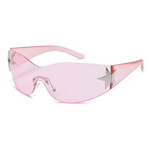 Long Keeper Trend Y2k Wrap Around Sonnenbrille für Damen Herren, Vintage Randlose Sonnenbrille Damen Groß mit Stern UV Schutz Mode Retro Rave Brille von Long Keeper