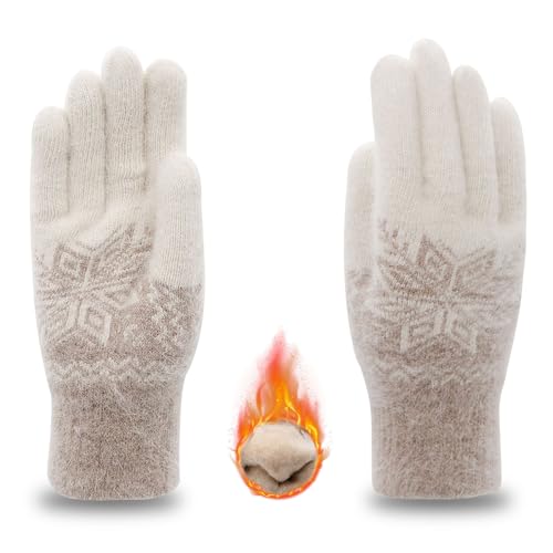 Long Keeper Winterhandschuhe Damen Herren Schneeflocke Dicke Winter Handschuhe Warme Gestrickte Thermo Handschuhe Gefüttert Gedehnt Strickhandschuhe Fäustlinge (Khaki) von Long Keeper