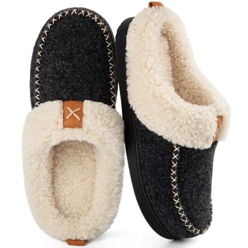 LongBay Damen Hausschuhe Kunstwoll mit Sherpa Memory Foam Fluffy Mokassin Weiches Fleece Futter Slip-On für drinnen und draußen von LongBay