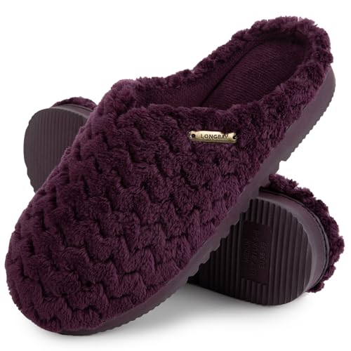 LongBay Damen Hausschuhe mit Memory Foam und Plüsch rutschfeste Pantoffeln Lila,S von LongBay