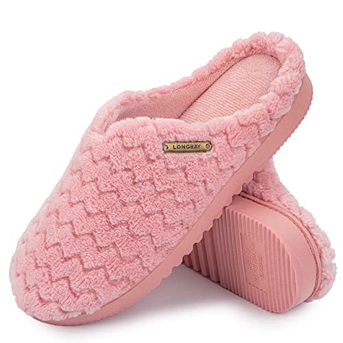 LongBay Damen Hausschuhe mit Memory Foam und Plüsch rutschfeste Pantoffeln Rosa,L von LongBay