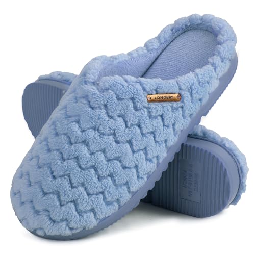 LongBay Damen Hausschuhe mit Memory Foam und Plüsch rutschfeste Pantoffeln Blau,S von LongBay