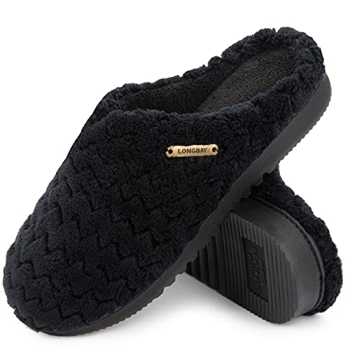 LongBay Damen Hausschuhe mit Memory Foam und Plüsch rutschfeste Pantoffeln Schwarz,S von LongBay