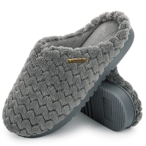 LongBay Damen Hausschuhe mit Memory Foam und Plüsch rutschfeste Pantoffeln Grau,M von LongBay
