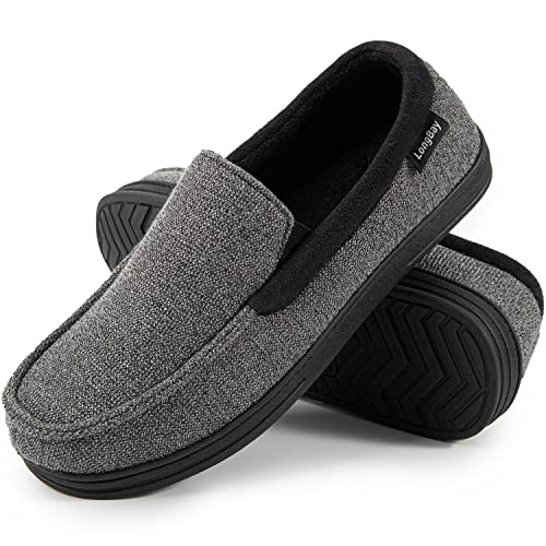 LongBay Herren Memory Foam Mokassin Hausschuhe Plüsch Fleece Haus Slipper in Indoor Outdoor Schuhe, 42 EU Grau von LongBay