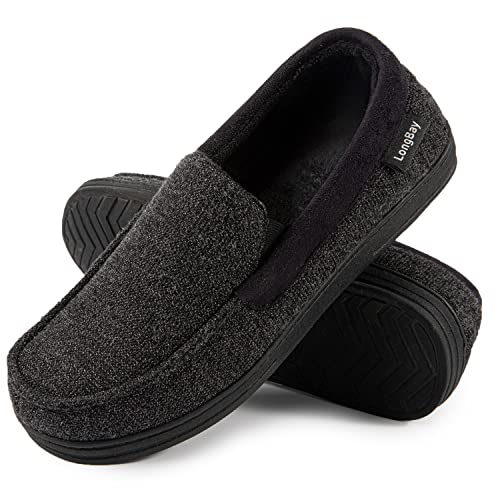 LongBay Herren Memory Foam Mokassin Hausschuhe Plüsch Fleece Haus Slipper in Indoor Outdoor Schuhe, 42 EU Schwarz von LongBay