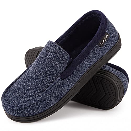 LongBay Herren Memory Foam Mokassin Hausschuhe Plüsch Fleece Haus Slipper in Indoor Outdoor Schuhe, 43 EU Marineblau von LongBay