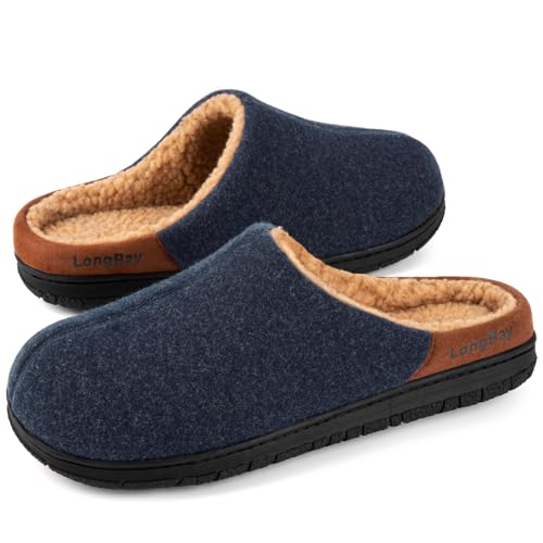 LongBay Herren Wollartige Hausschuhe mit Memory Foam und weichem Sherpa-Futter für drinnen und draußen Navy Blau, 44 von LongBay