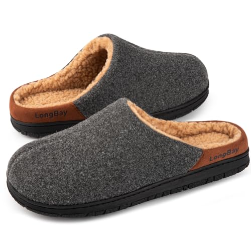 LongBay Herren Wollartige Hausschuhe mit Memory Foam und weichem Sherpa-Futter für drinnen und draußen Dunkelgrau, 45 von LongBay