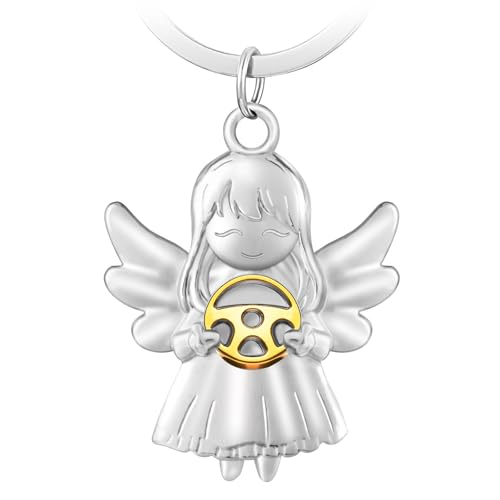 LongZYU Auto Glücksbringer Engel mit Lenkrad Schutzengel Schlüsselanhänger Fahr Vorsichtig Glücksengel Anhänger für Autofahrer Auto Führerschein, Geschenk Dein Schutzengel Fährt mit Dir Viel Glück von LongZYU