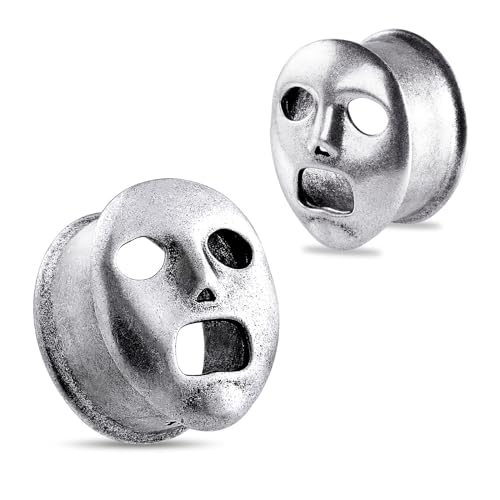 Longbeauty 1 Paar 316L Edelstahl Ohr Tunnels mit Maske 8MM-16MM Ohrdrehner Herren Damen Ohr Plug Gauges Piercing Gesicht Design Retro Expander, Silber, 12MM von Longbeauty