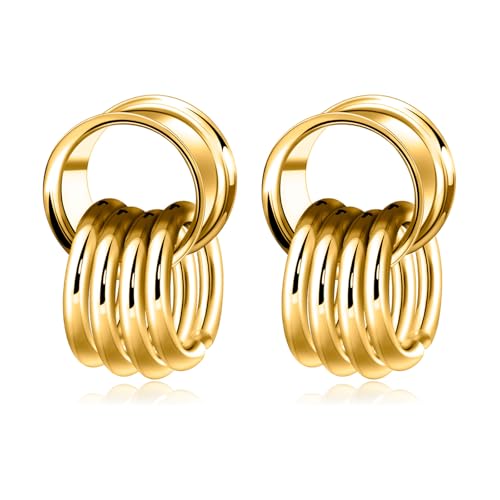 Longbeauty 1 Paar Edelstahl Ohr Tunnel Double Flared Flesh Ohr Gewichte mit Dangle Ringen für Damen Herren Ohrpiercing Gestreckte Schmuck, Gold, 14MM von Longbeauty