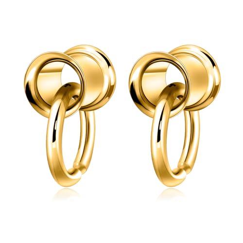 Longbeauty 1 Paar Edelstahl Ohr Tunnel Double Flared Flesh Ohr Gewichte mit Dangle Ringen für Damen Herren Ohrpiercing Gestreckte Schmuck, Gold, 8MM von Longbeauty