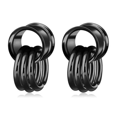 Longbeauty 1 Paar Edelstahl Ohr Tunnel Double Flared Flesh Ohr Gewichte mit Dangle Ringen für Damen Herren Ohrpiercing Gestreckte Schmuck, Schwarz, 12MM von Longbeauty