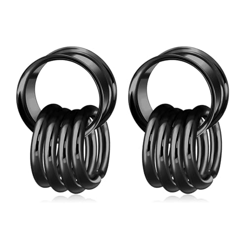 Longbeauty 1 Paar Edelstahl Ohr Tunnel Double Flared Flesh Ohr Gewichte mit Dangle Ringen für Damen Herren Ohrpiercing Gestreckte Schmuck, Schwarz, 16MM von Longbeauty