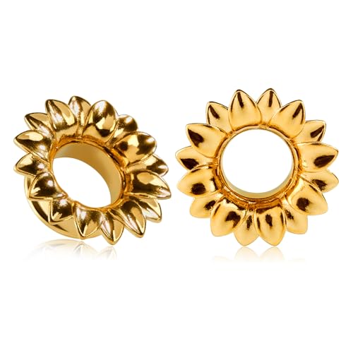 Longbeauty 1 Paar Flesh Tunnel Edelstahl Ohr Plugs Expander Gauges Blumen Ohr Piercing Schmuck für Damen Herren, Gold, 12MM von Longbeauty