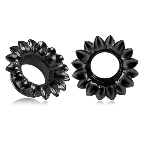 Longbeauty 1 Paar Flesh Tunnel Edelstahl Ohr Plugs Expander Gauges Blumen Ohr Piercing Schmuck für Damen Herren, Schwarz, 12MM von Longbeauty