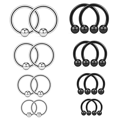 Longbeauty 16 Pcs 16G Edelstahl Hufeisen Ringe & Klemmkugelringe Septumring-Set Piercingschmuck Nasen Ohr Augenbraue Zunge Lippe Nippel Helix Tragus für Damen Herren 6-12mm Silber/Schwarz von Longbeauty