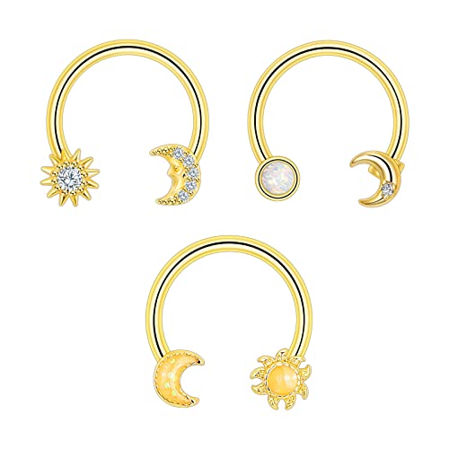 Longbeauty 16G 1.2MM 3 Stile Sonne&Mond Nase Septum Ringe Knorpel Nasenringe Ohrring Hoop Piercing Hufeisenringe für Damen Männer Edelstahl Piercingsringe, Gold von Longbeauty