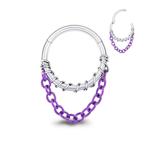 Longbeauty 16G Nasenring Hoop Daith Ohrringe mit Kette Helix Rook Conch Knorpel Tragus Silber Edelstahl Piercing Schmuck für Damen Herren, Lila, 8MM Longbeauty 16G Nasenring Hoop Daith Ohrringe mit Kette Helix Rook Conch Knorpel Tragus Silber Edelstahl Piercing Schmuck für Damen Herren, Lila, 8MM von Longbeauty