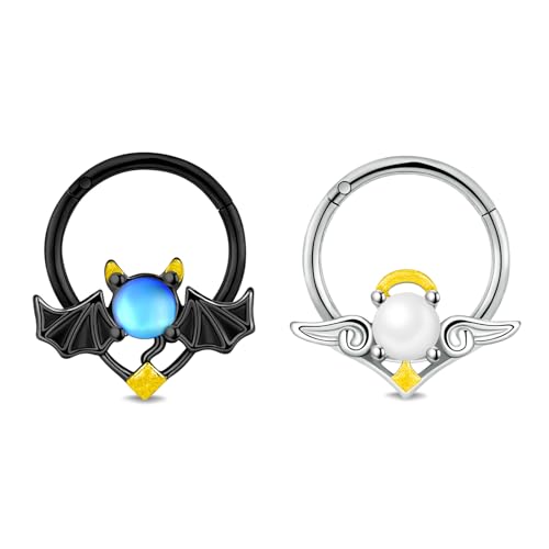 Longbeauty 2 Pcs Septum Ringe 16G Edelstahl 316L Nasenring Ohrringe Segment Clicker Daith Helix Knorpel Tragus Piercingsringe für Damen Herren, 10MM, Schwarz Teufel & Silber Engel von Longbeauty