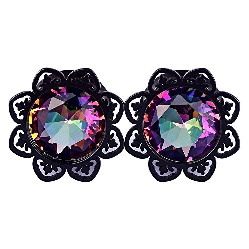 Longbeauty 2 Stück 316L Edelstahl Ohr Tunnel Plugs 8mm-14mm Edelstein Flesh Tunnel Blume Unisex Ohr Piercing Schmuck Schwarz Silber Rosegold Körperschmuck Damen Herren, 10mm von Longbeauty