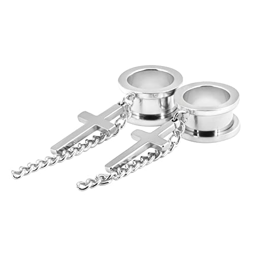 Longbeauty 2 Stück Edelstahl Tunnel Kreuz 316L 6-16MM Fleshtunnel Ohrtunnel Ohr Plugs Gauges Tunnel Mit Anhänger Set Silber Expander Dehnschmuck Körperschmuck Herren Damen, 10mm von Longbeauty