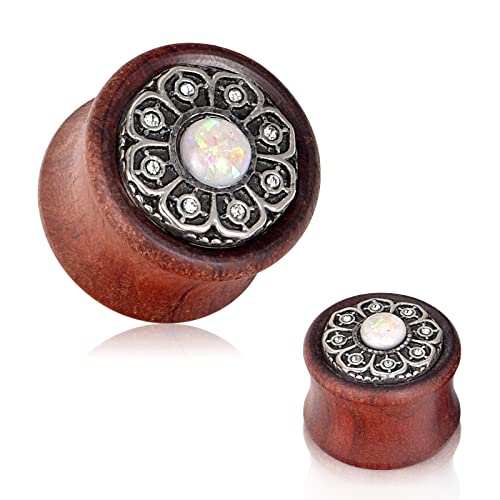 Longbeauty 2 Stück Holz Plugs Ohr 8mm-25mm Blume Vintage Opal Set Double Flare Ohr Piercing Dehn Schmuck Zirkonia Opal Damen Herren Körperschmuck Flesh Tunnel Plug, 10mm von Longbeauty