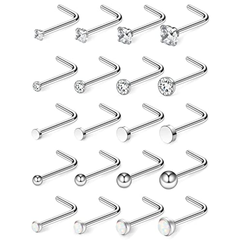 Longbeauty 20 Gauge Damen Nasenringe 20 Pcs CZ Nasenpiercing Schmuck L Form Nase Studs Nostril Piercing Ohrstecker mit Zirconia Edelstahl Nasenstecker, Silber von Longbeauty