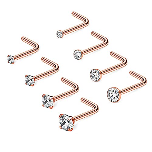 Longbeauty 20 Gauge Nasenringe für Frauen 8 Pcs CZ Nasenpiercing Schmuck L Form Nase Studs Nostril Piercing Ohrstecker mit Zirconia Edelstahl Nasenstecker Rosegold von Longbeauty