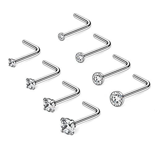 Longbeauty 20 Gauge Nasenringe für Frauen 8 Pcs CZ Nasenpiercing Schmuck L Form Nase Studs Nostril Piercing Ohrstecker mit Zirconia Edelstahl Nasenstecker Silber von Longbeauty