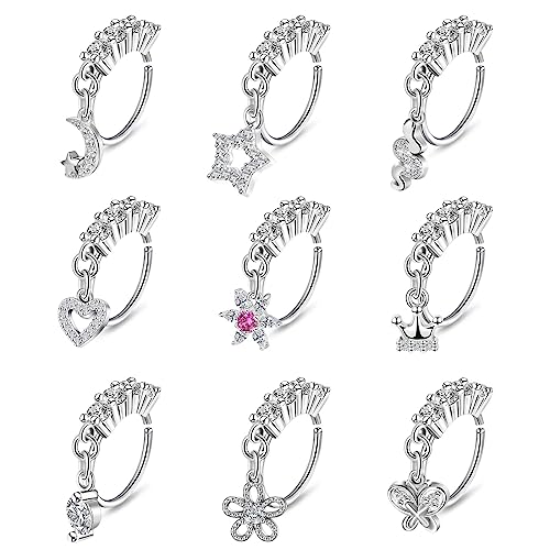 Longbeauty 20G Nasenpiercing für Frauen Männer Edelstahl Nasestecker Dangle Baumelnde Hoops Spirale C-förmiger Nasenring CZ Nostril Körperpiercing, 9 Stk, Silber von Longbeauty