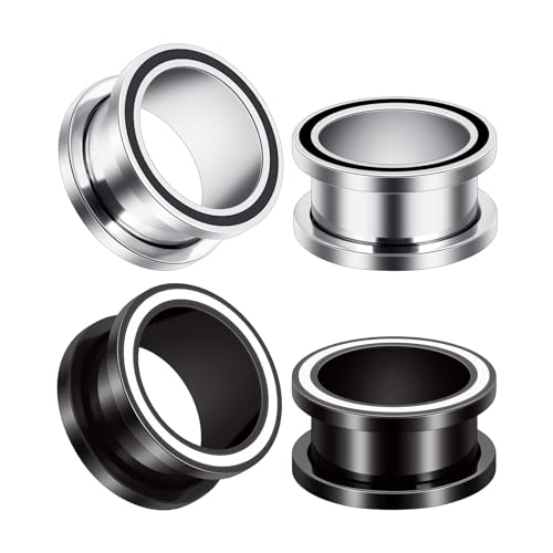 Longbeauty 4er Set Edelstahl Flesh Tunnel 316L Ohrtunnel Fleshtunnel Plugs Ohr Piercing Schmuck mit Schraubverschluss Schwarz Silber Herren Damen Expander Dehnschmuck, 16mm von Longbeauty