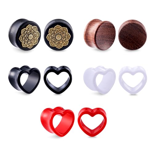Longbeauty 5 Paare Ohr Flesh Gauges Tunnel aus Holz & Acryl Double Flared Herz Ohrpiercing Dehner 10mm bis 18mm für Frauen und Männer, 10MM Longbeauty 5 Paare Ohr Flesh Gauges Tunnel aus Holz & Acryl Double Flared Herz Ohrpiercing Dehner 10mm bis 18mm für Frauen und Männer, 10MM von Longbeauty