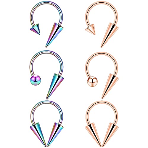 Longbeauty 6 Pcs 1.2mm Edelstahl Cartilage Tragus Helix Hufeisenringe Ohrringe Lippenringe Nasenringe Piercing Schmuck für Frauen Männer, Bunt & Rosegold, 12mm Innendurchmesser von Longbeauty