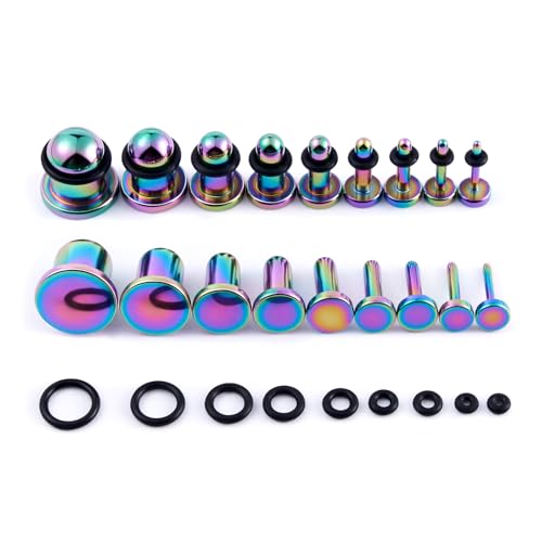 Longbeauty 9 Paar Piercing Ohrplugs Stretching Kit aus Edelstahl Punk Dehnstäbe Ohrschmuck Ohr Tunnel Einzelne Flare Gauges mit O-ringe 14G - 00G für Damen Herren, Bunt von Longbeauty