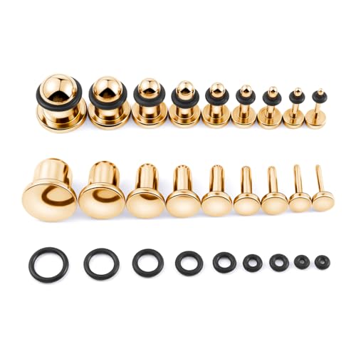 Longbeauty 9 Paar Piercing Ohrplugs Stretching Kit aus Edelstahl Punk Dehnstäbe Ohrschmuck Ohr Tunnel Einzelne Flare Gauges mit O-ringe 14G - 00G für Damen Herren, Gold von Longbeauty