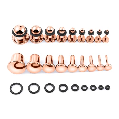 Longbeauty 9 Paar Piercing Ohrplugs Stretching Kit aus Edelstahl Punk Dehnstäbe Ohrschmuck Ohr Tunnel Einzelne Flare Gauges mit O-ringe 14G - 00G für Damen Herren, Rosegold von Longbeauty