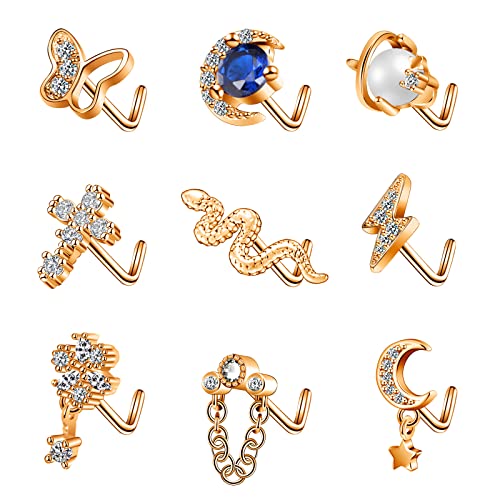 Longbeauty 9 Pcs Nasenringe 20G Nasen Studs L-Form Spirale Nasenstecker Chirurgenstahl CZ Zirkonia Nasenpiercing für Damen und Herren, Rosegold von Longbeauty