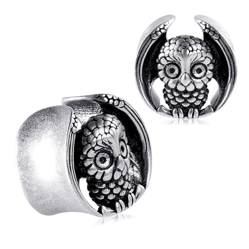 Longbeauty Damen Herren Ohr Plug Flesh Tunnel Set Double Flared Ohr Piercing Dehner Ohrenstöpsel aus Edelstahl mit Eule Uhu, 11mm, Silber von Longbeauty