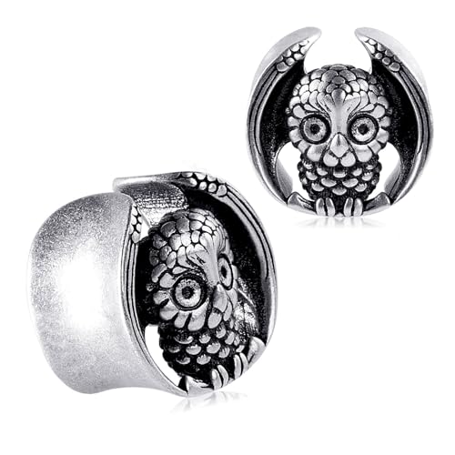 Longbeauty Damen Herren Ohr Plug Flesh Tunnel Set Double Flared Ohr Piercing Dehner Ohrenstöpsel aus Edelstahl mit Eule Uhu, 13mm, Silber von Longbeauty