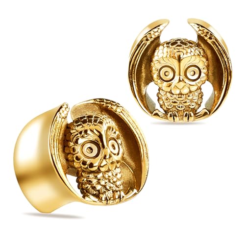 Longbeauty Damen Herren Ohr Plug Flesh Tunnel Set Double Flared Ohr Piercing Dehner Ohrenstöpsel aus Edelstahl mit Eule Uhu, 15mm, Gold Longbeauty Damen Herren Ohr Plug Flesh Tunnel Set Double Flared Ohr Piercing Dehner Ohrenstöpsel aus Edelstahl mit Eule Uhu, 15mm, Gold von Longbeauty
